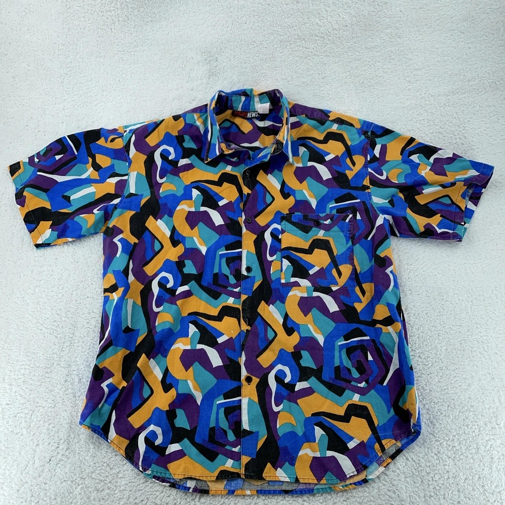 Vintage Todays News Shirt Mens XL Abstract Geometric Cotton Button Front 90s‎